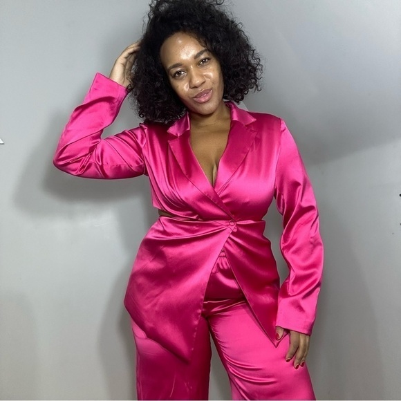 Porsha Williams The Drop Hot Pink Satin two piece co ord set power pantsuit - Picture 2 of 16